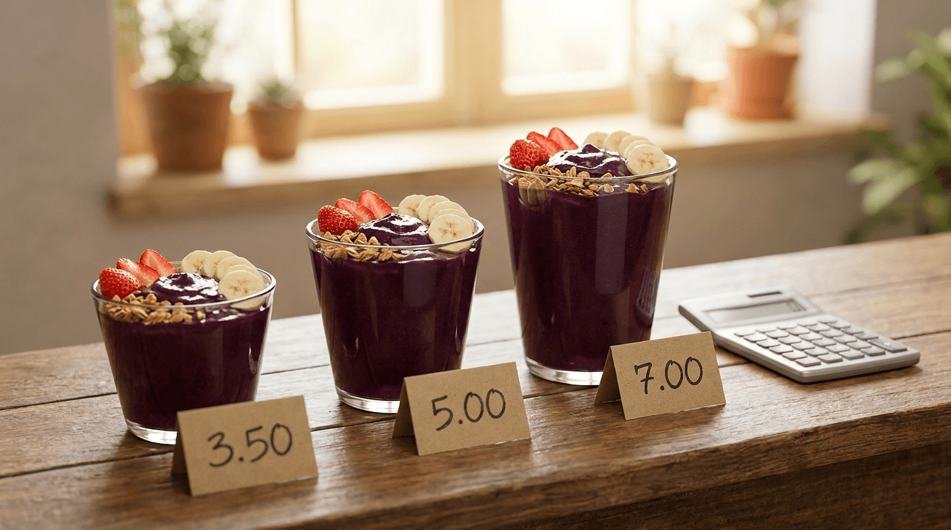 Três copos de açaí lado a lado em tamanhos 300ml, 500ml e 700ml sobre um balcão de açaiteria, com etiquetas de preço e uma calculadora ao lado.