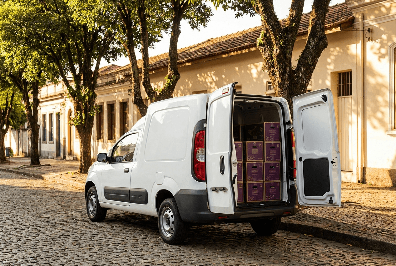 Caminhão de entrega da Algo Mais carregado com caixas de açaí de 10 litros, pronto para sair em rota nas ruas de Sorocaba
