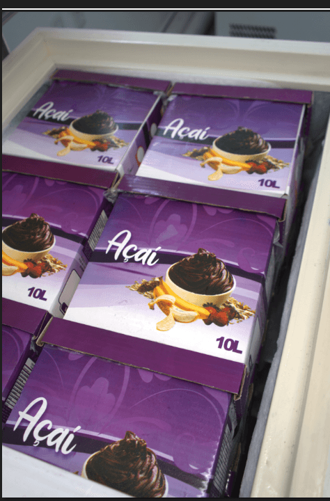 Freezer cheio de caixas de 10 litros de açaí Algo Mais, prontas pro atacado